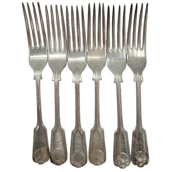 Sheffield England Antique Silver Plate Fiddle Thread and Shell 6 Dinner Fork 2-2 - Picture 1 of 11